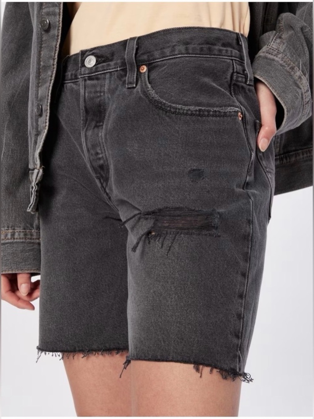 Levi's 501 90s Mid Thigh Cut Off Distressed Denim Shorts Black Grey W26 Grunge